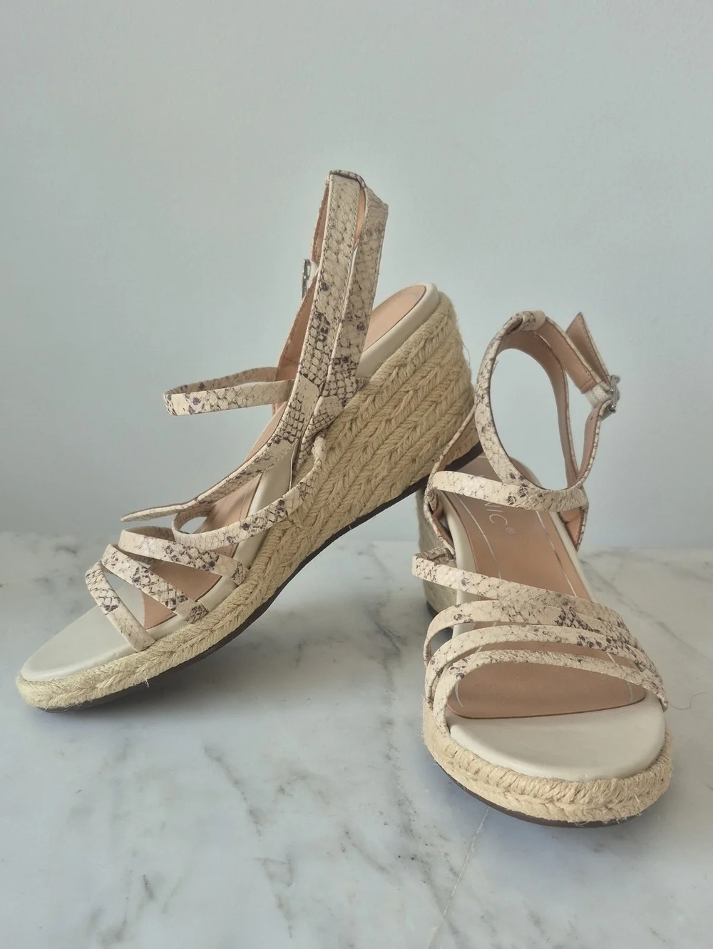 Vionic AYDA Beige Snake-Print Espadrille Wedge Sandals